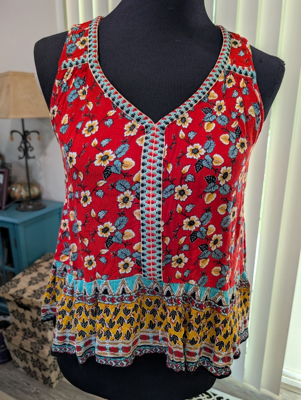 Patrons of Peace Red Floral Boho Tank Top with Yellow Border